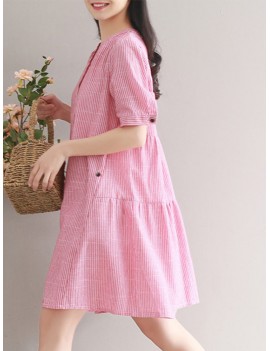 Women Stripe Vintage Short Sleeve Shirt Dresses